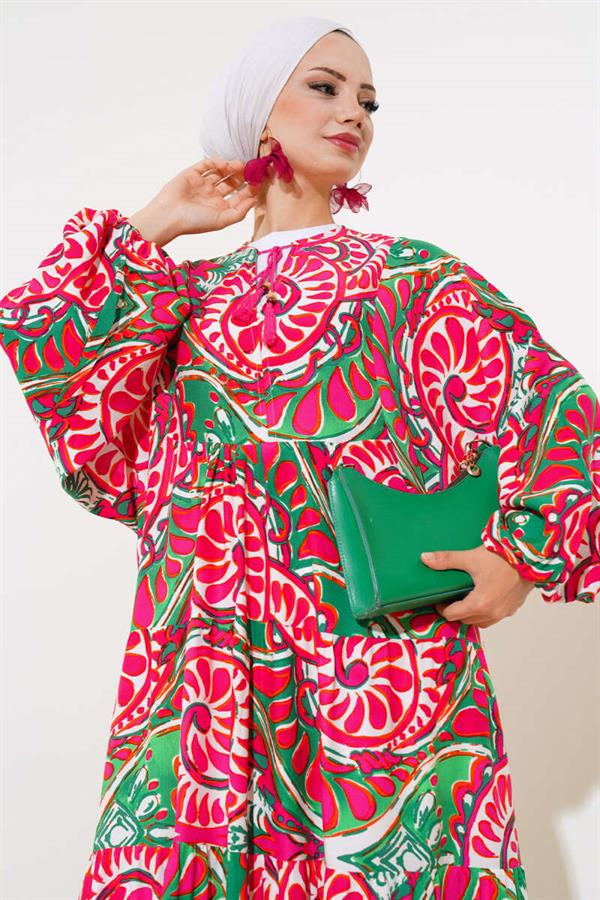 Batwing Collar Dress Fuchsia Green