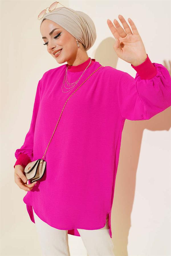 Collar Sleeve Ribbed Tunic Fuchsia