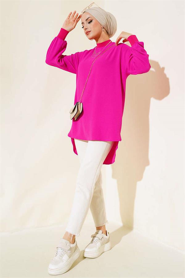 Collar Sleeve Ribbed Tunic Fuchsia