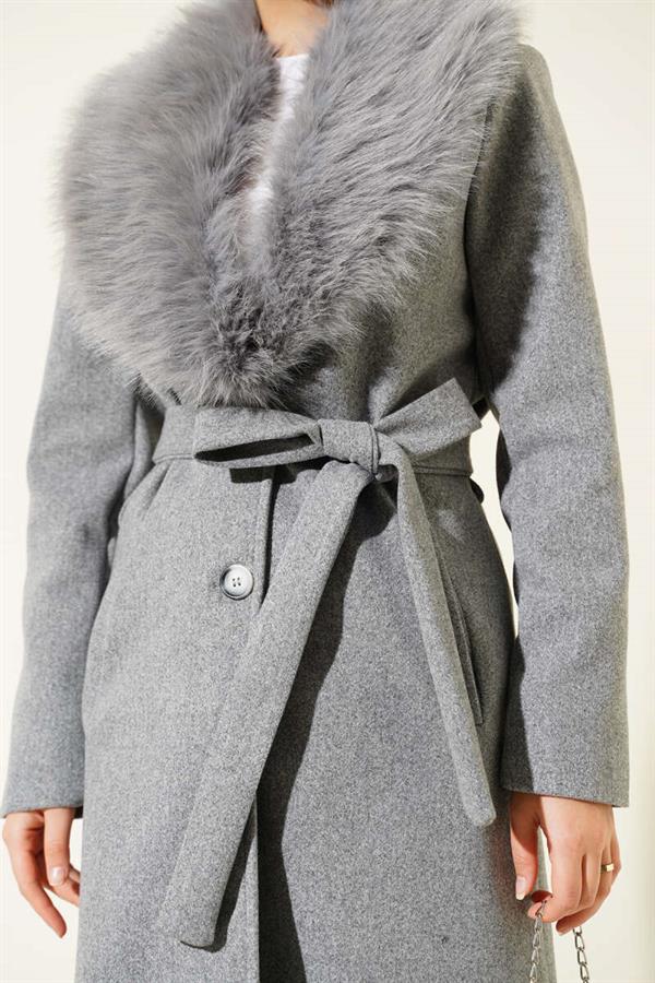 Fur Collar Detailed Cashmere Coat Gray