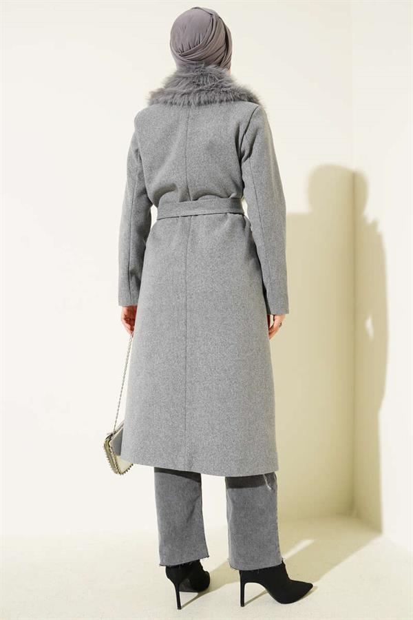 Fur Collar Detailed Cashmere Coat Gray