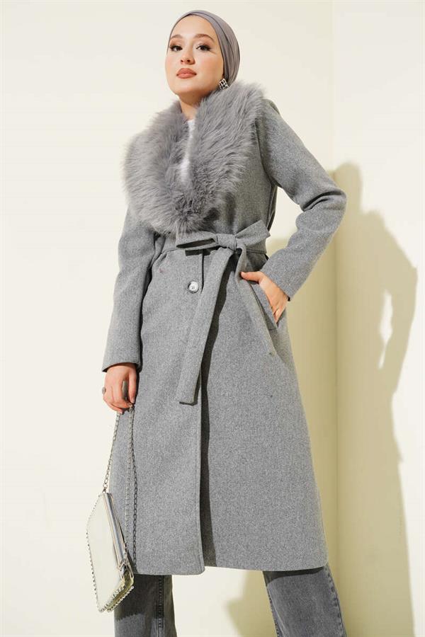 Fur Collar Detailed Cashmere Coat Gray