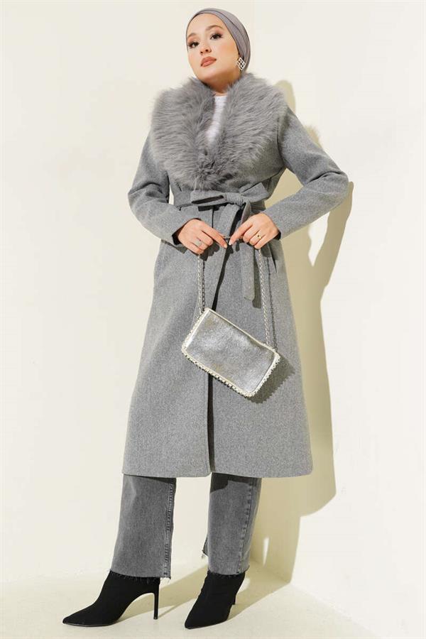 Fur Collar Detailed Cashmere Coat Gray