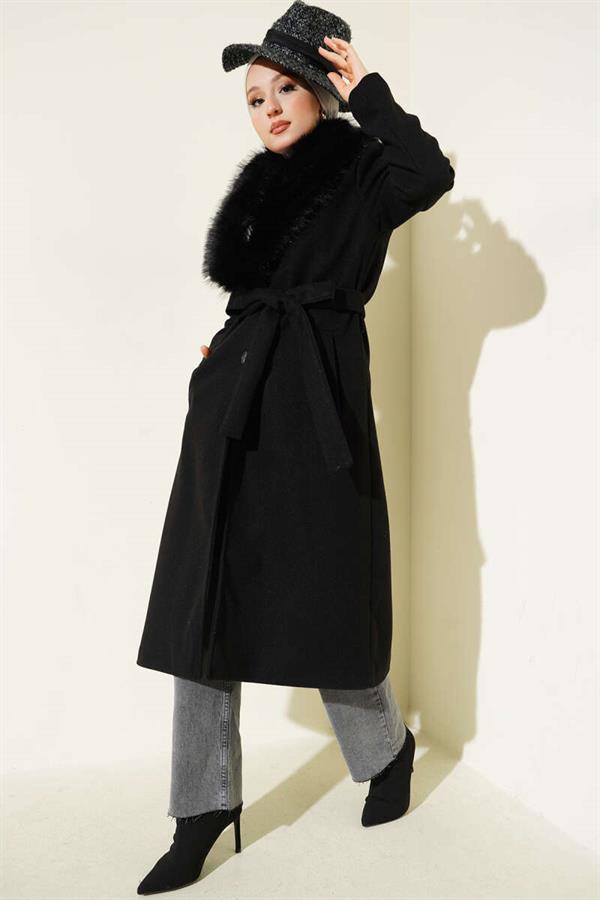 Fur Collar Detailed Cashmere Coat Black