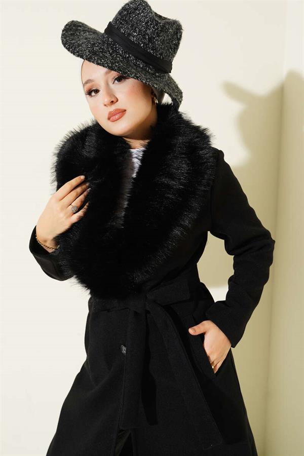 Fur Collar Detailed Cashmere Coat Black