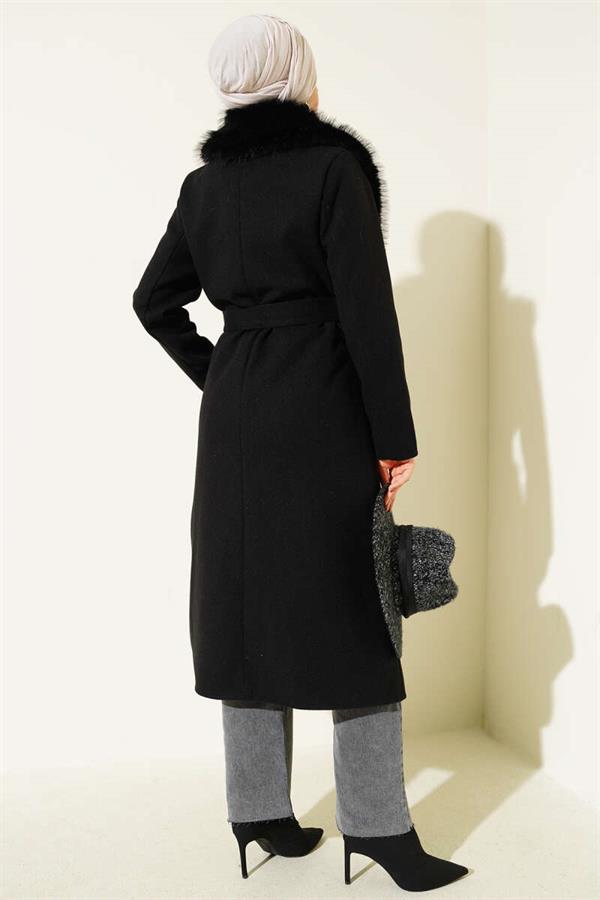 Fur Collar Detailed Cashmere Coat Black