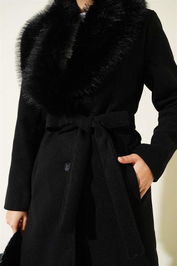 Fur Collar Detailed Cashmere Coat Black