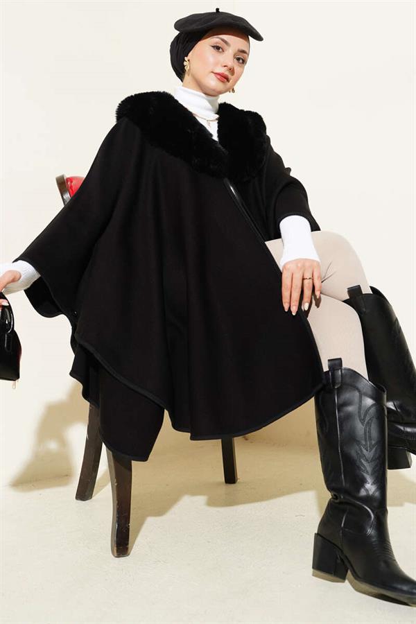 Fur Detailed Poncho Black