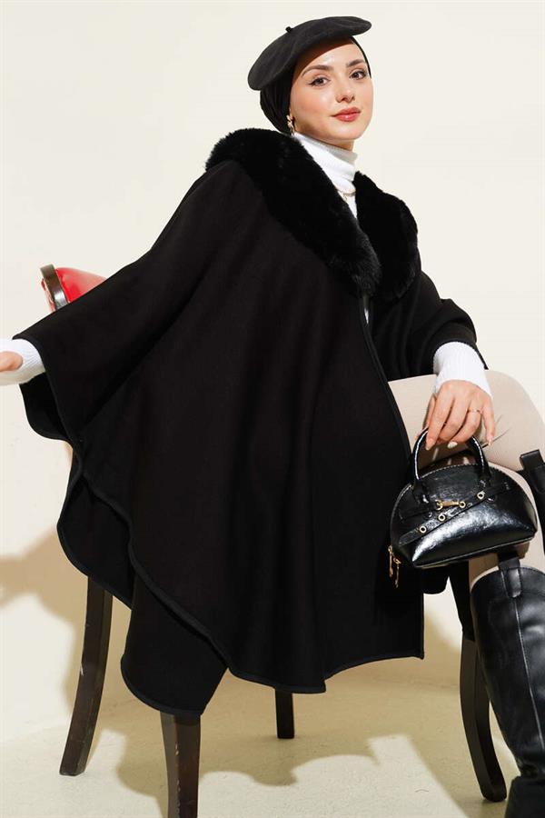 Fur Detailed Poncho Black