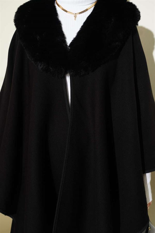 Fur Detailed Poncho Black