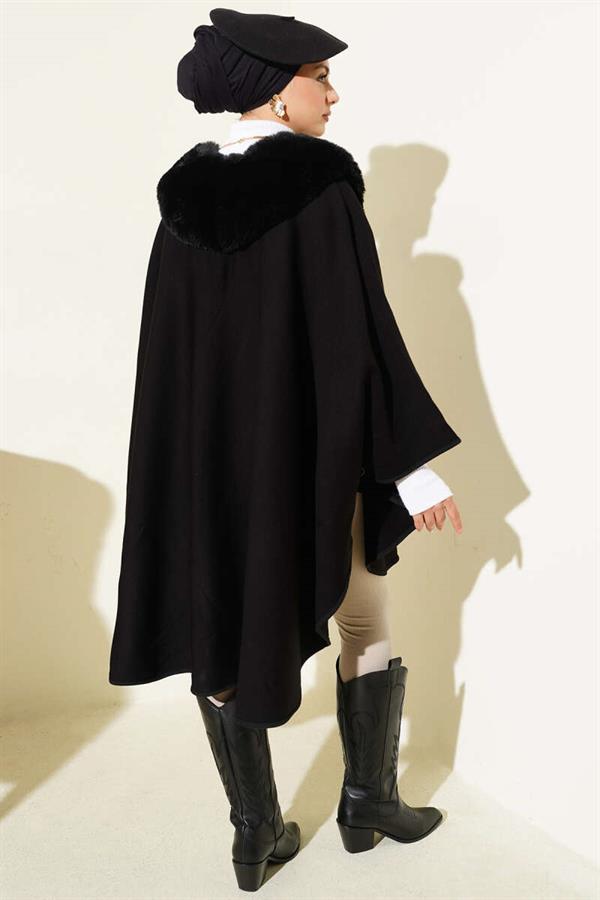 Fur Detailed Poncho Black