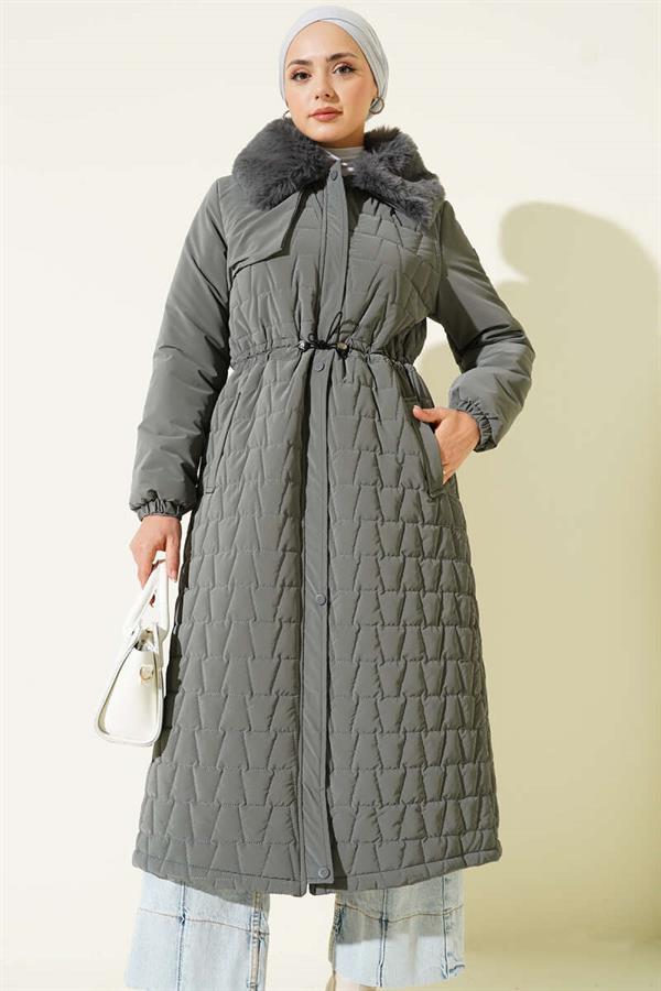 Fur Collar Waist Tunnel Quilted Long Coat Gray