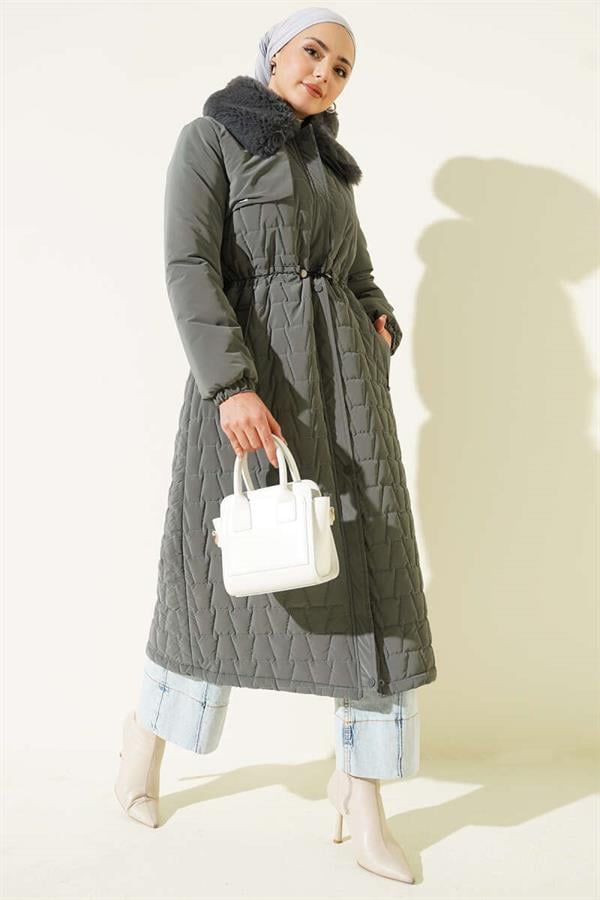 Fur Collar Waist Tunnel Quilted Long Coat Gray