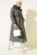 Fur Collar Waist Tunnel Quilted Long Coat Gray