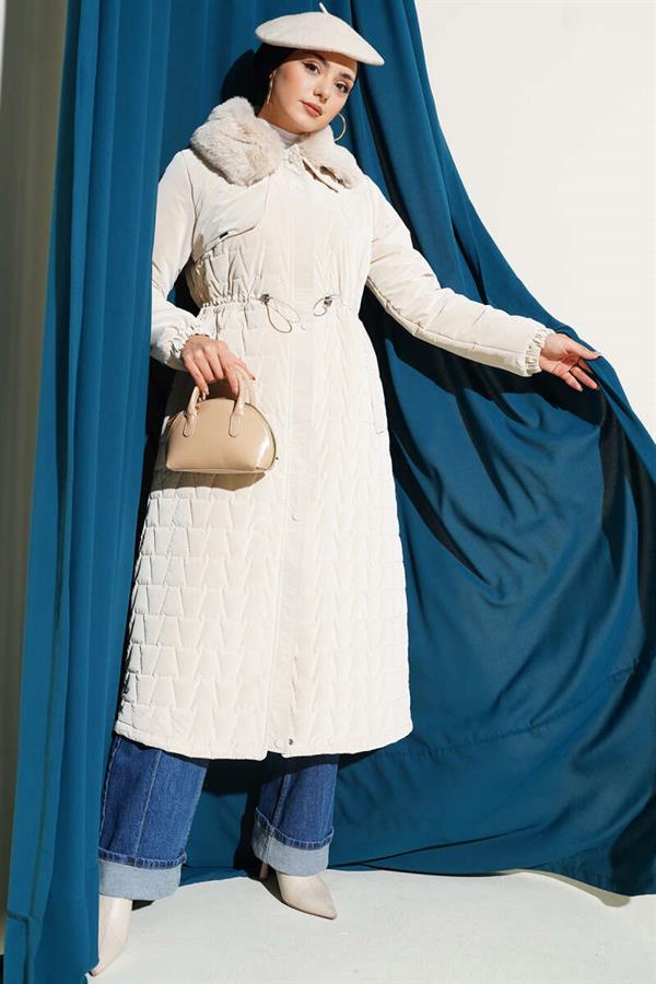 Fur Collar Waist Tunnel Quilted Long Coat Stone