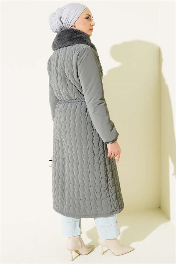 Fur Collar Waist Tunnel Quilted Long Coat Gray