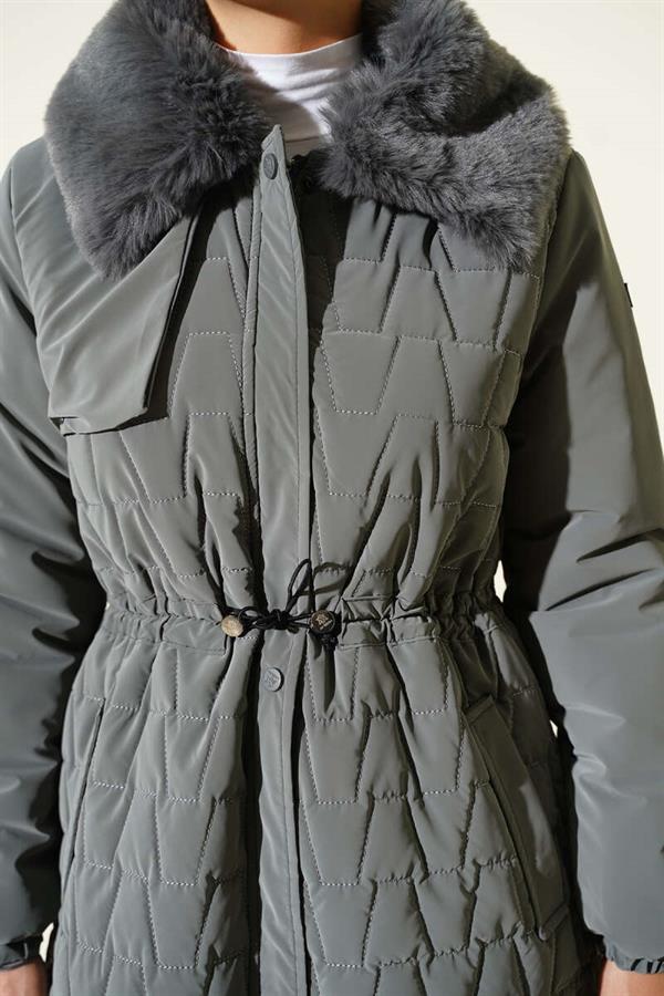 Fur Collar Waist Tunnel Quilted Long Coat Gray