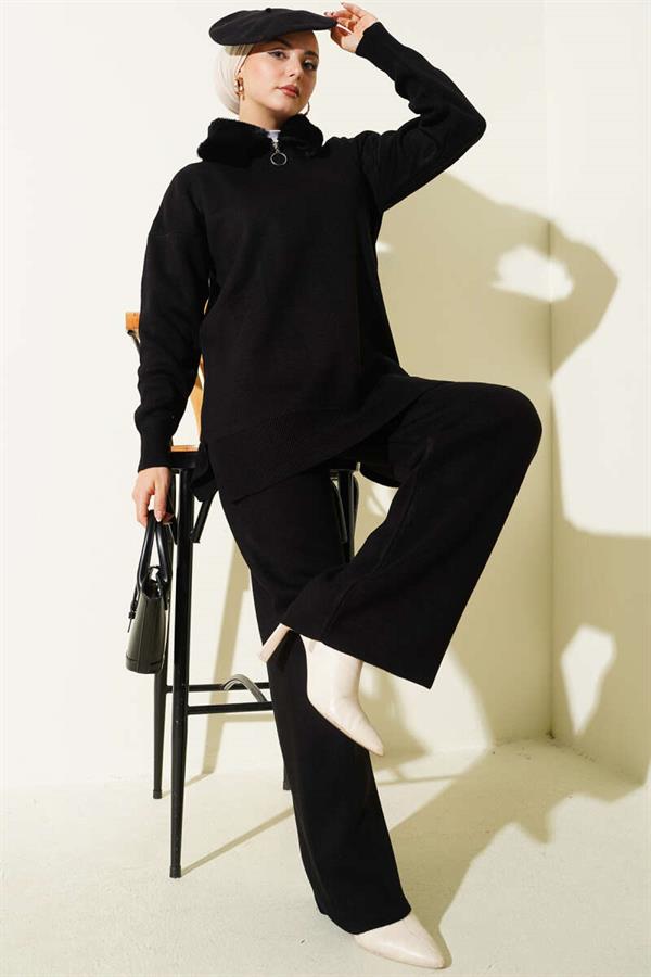 Fur Collar Zippered Knitwear 2 Piece Set Black