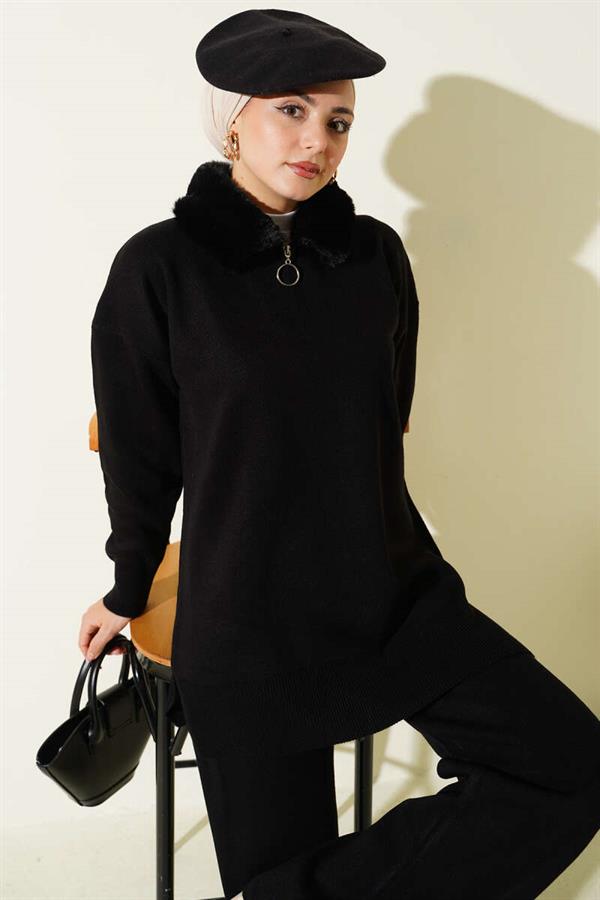 Fur Collar Zippered Knitwear 2 Piece Set Black