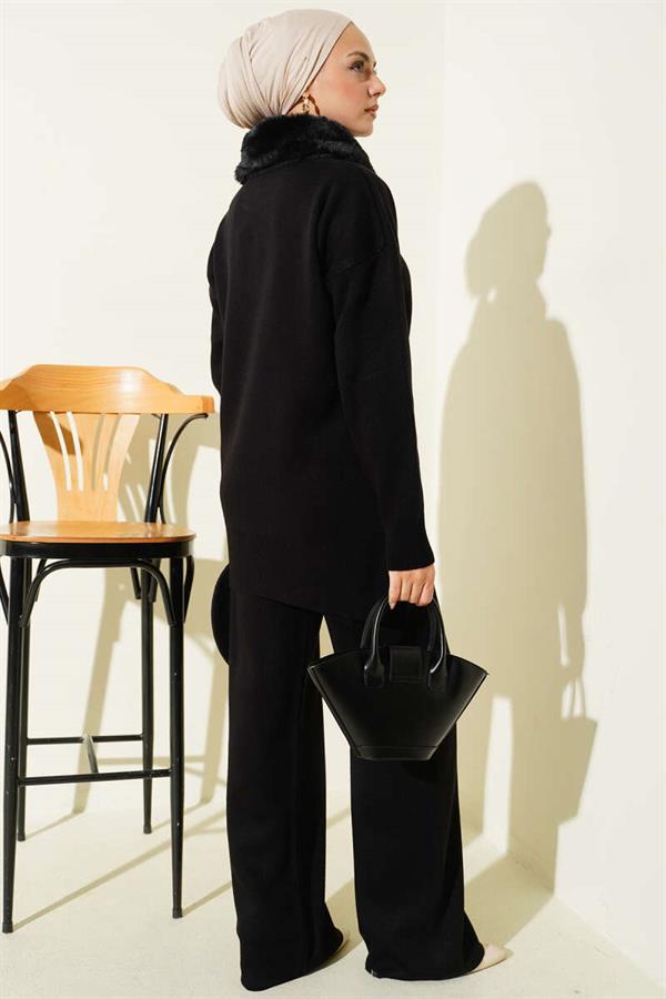 Fur Collar Zippered Knitwear 2 Piece Set Black