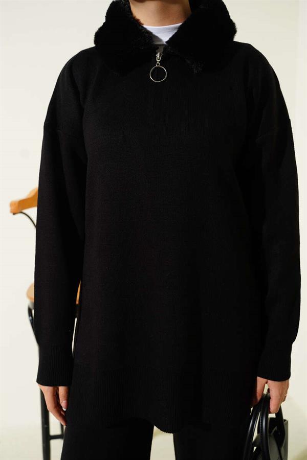 Fur Collar Zippered Knitwear 2 Piece Set Black