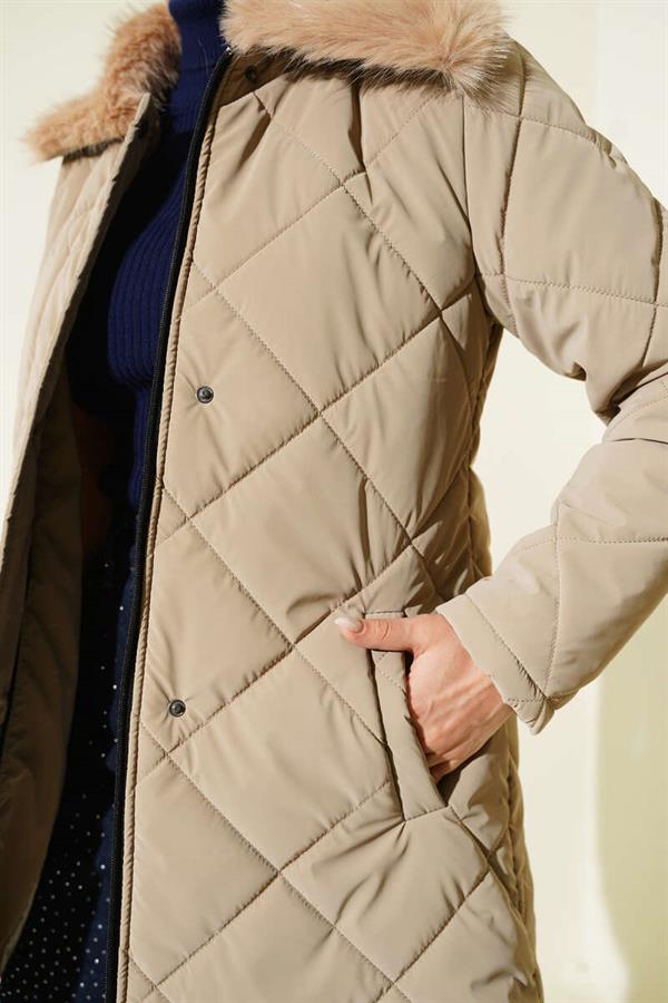 Fur-Collared Quilted Short Coat, Beige