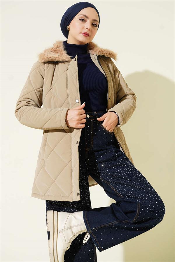 Fur-Collared Quilted Short Coat, Beige