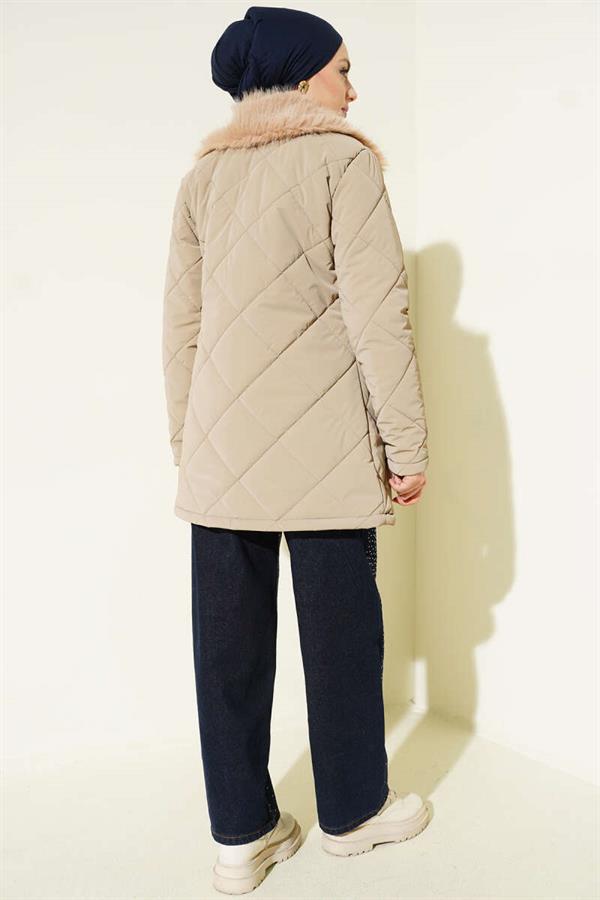 Fur-Collared Quilted Short Coat, Beige