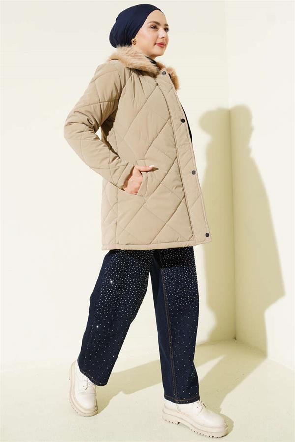 Fur-Collared Quilted Short Coat, Beige