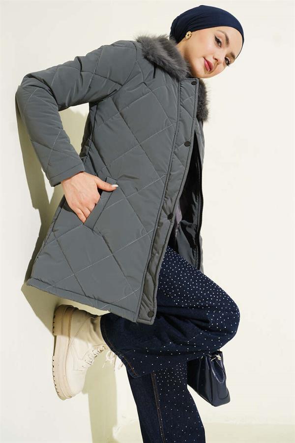 Short, Quilted Coat with Fur Collar, Dark Gray