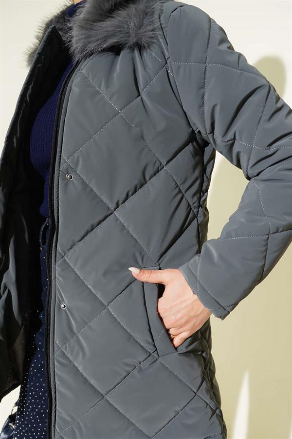 Short, Quilted Coat with Fur Collar, Dark Gray