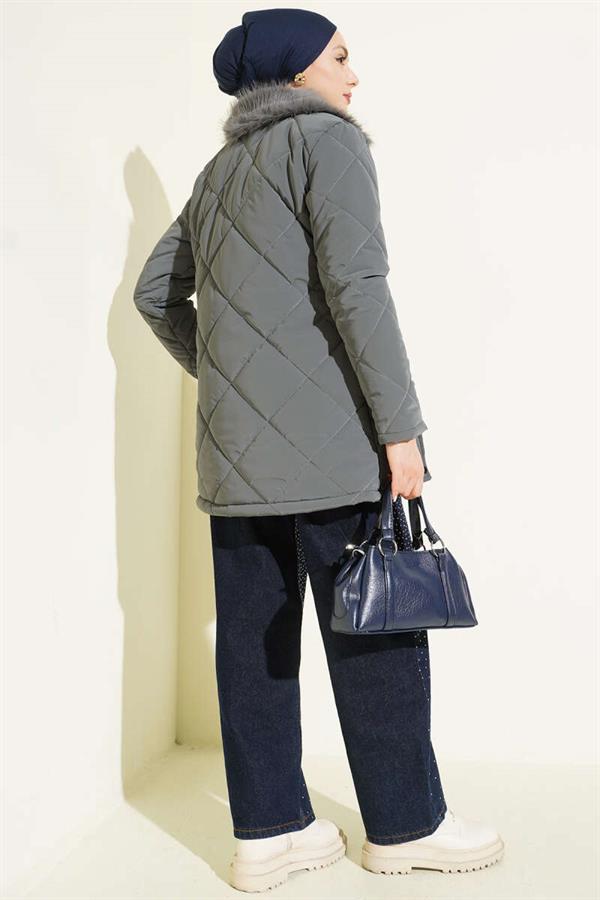 Short, Quilted Coat with Fur Collar, Dark Gray