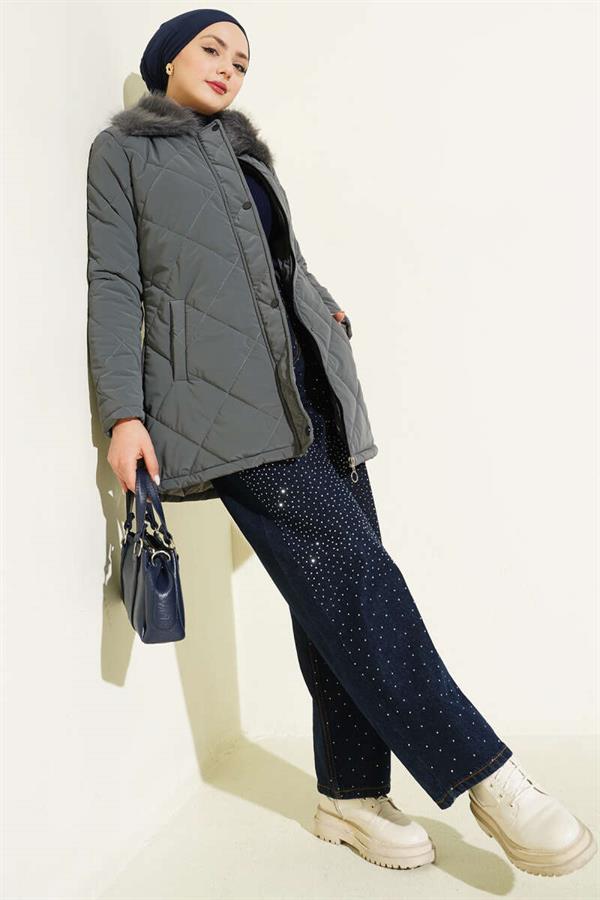 Short, Quilted Coat with Fur Collar, Dark Gray