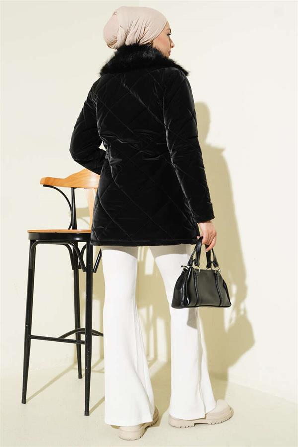 Fur-Collared Quilted Short Coat, Black