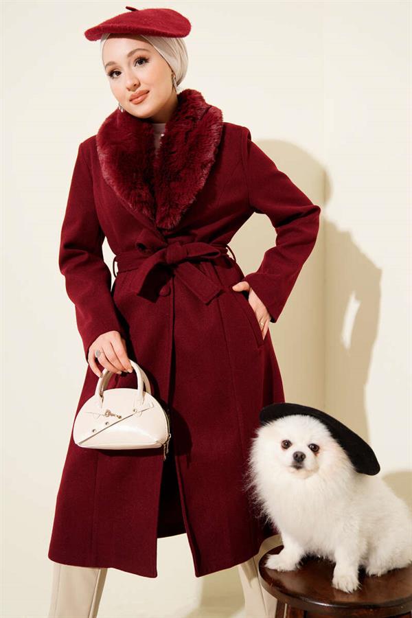 Fur Collar Cashmere Coat Burgundy
