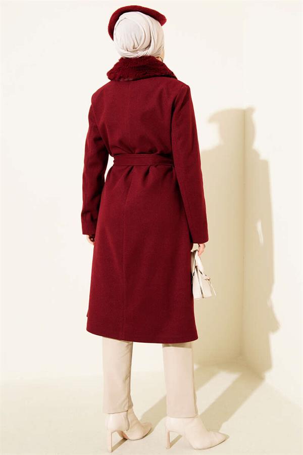 Fur Collar Cashmere Coat Burgundy