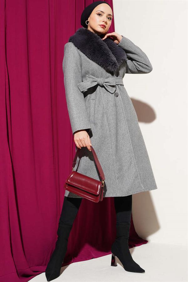 Fur Collar Cashmere Coat Gray