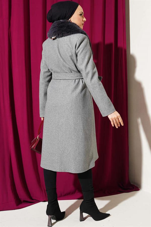 Fur Collar Cashmere Coat Gray