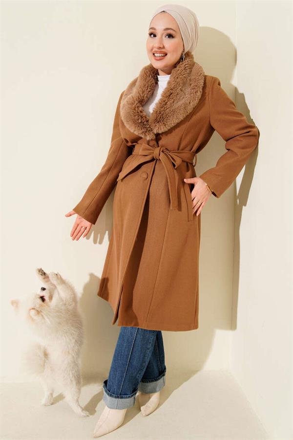Fur Collar Cashmere Coat Latte