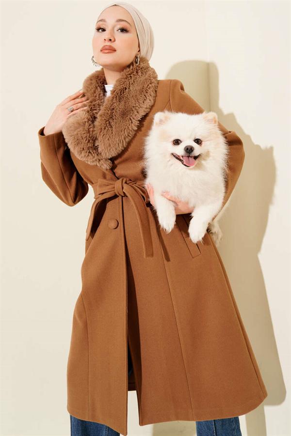 Fur Collar Cashmere Coat Latte