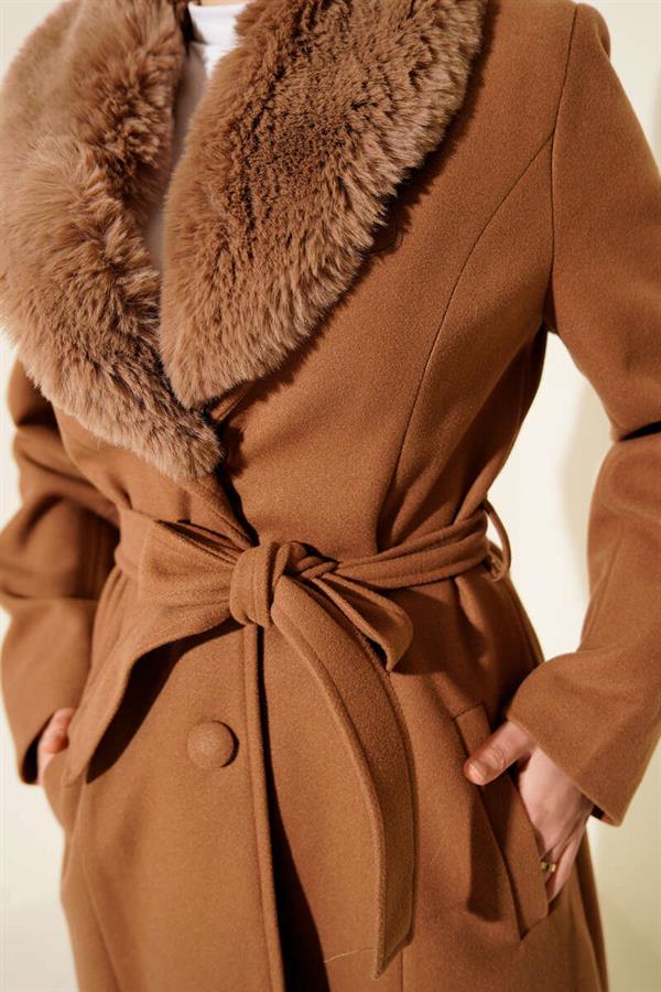 Fur Collar Cashmere Coat Latte