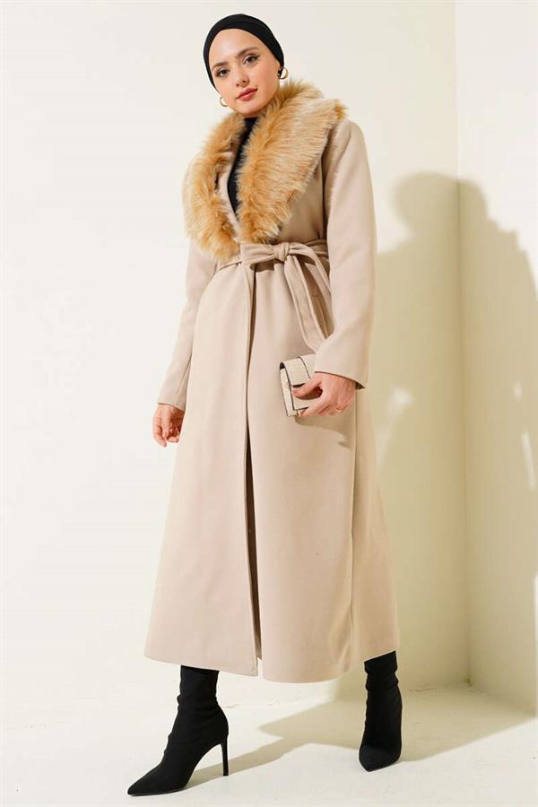 Fur Collar Belted Long Coat Beige