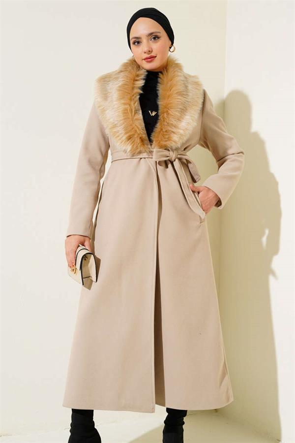 Fur Collar Belted Long Coat Beige