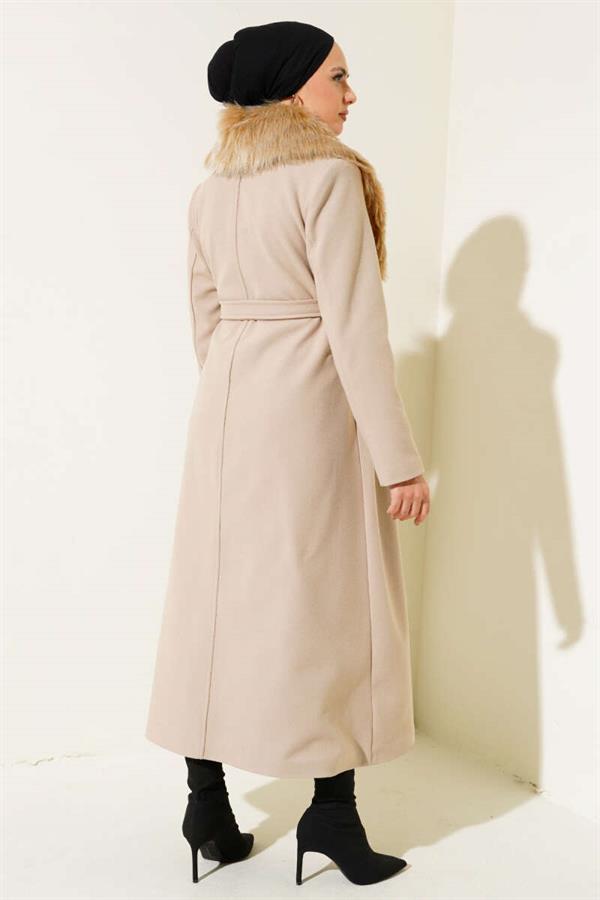 Fur Collar Belted Long Coat Beige