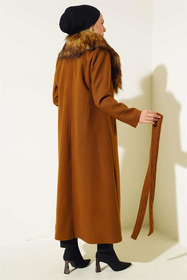 Fur Collar Belted Long Coat Camel