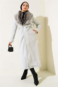Fur Collar Belted Long Coat Melange Grey