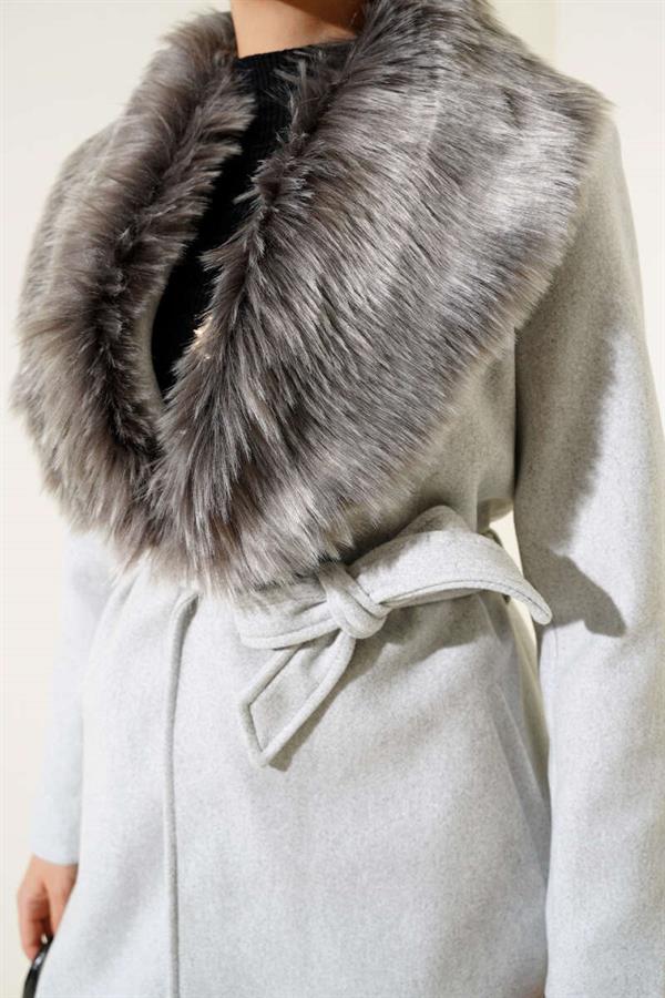 Fur Collar Belted Long Coat Melange Grey