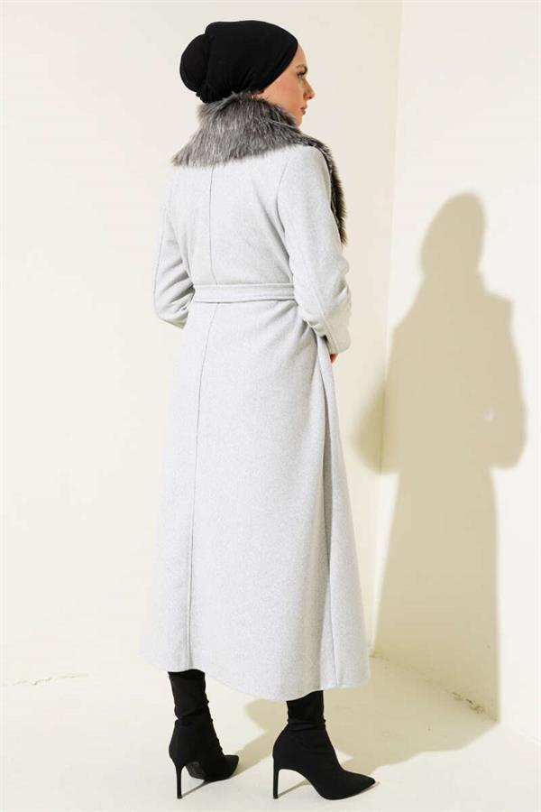 Fur Collar Belted Long Coat Melange Grey