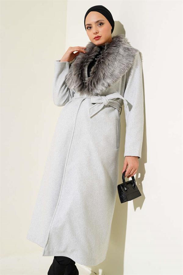 Fur Collar Belted Long Coat Melange Grey