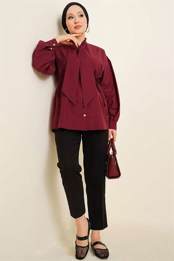 Burgundy Poplin Shirt with Tie Collar